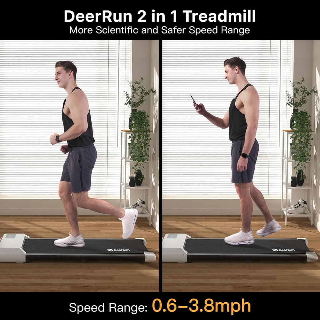 DeerRun Walking Pad Treadmill, 2 in 1 Under Desk, 265lbs Capacity, LED with Wheels T9641