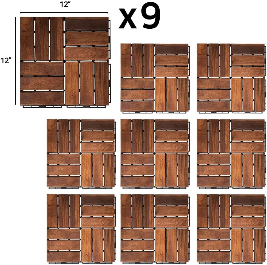 Acacia Hardwood Interlocking Deck Tiles - Walnut Grid - 12"x12" 9pcs G147
