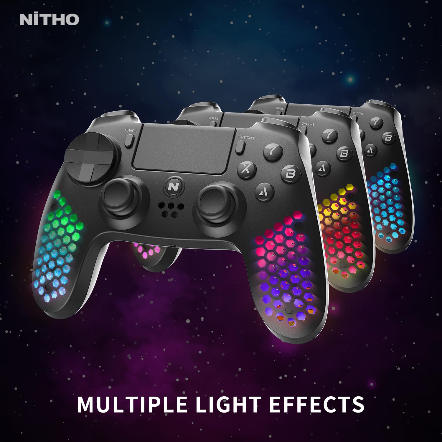 Nitho RGB Wireless Controller for PS4/PS5/PC/Android/iOS, Hexagonal Design Joystick with Vibration R4021