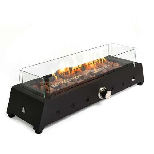 28" Tabletop Fire Pit, Outdoor Propane Gas with Glass Wind Guard & Lava Rock T1479