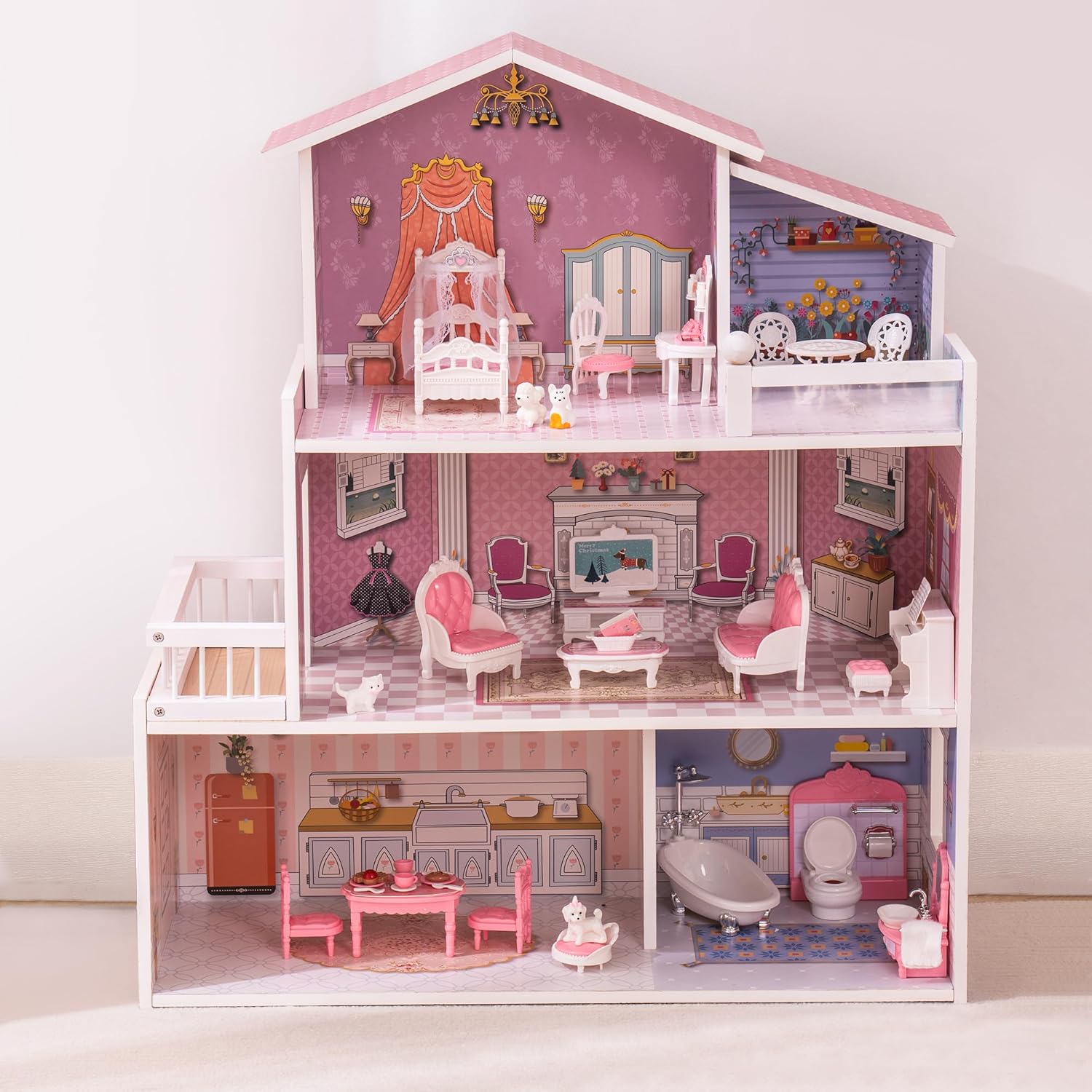 ROBUD Wooden Dollhouse Playset with 24 PCS Furniture for Kids G8520