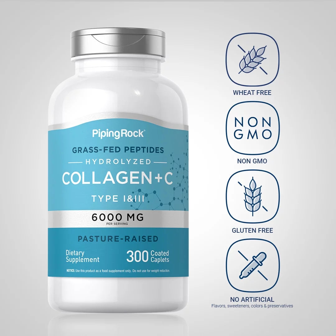 Piping Rock Collagen Pills 6000mg, 300 Caplets, Hydrolyzed Peptide Supplement R59298