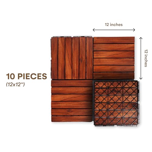 Flybold Interlocking Deck Tiles Teak Wood 12" x 12" Weather Resistant Anti-Slip Patio Pavers Pack of 10 M48059