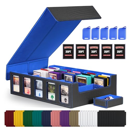 Trading Card Storage Box with Commander Display , 5-Row Deck Case with Removable Lid; 3900+ Card Deck Box for MTG TCG Sports Card, 5 Toploaders, 5 Stoppers, 48 Dividers,1 Dice Tray (Black Purple)
