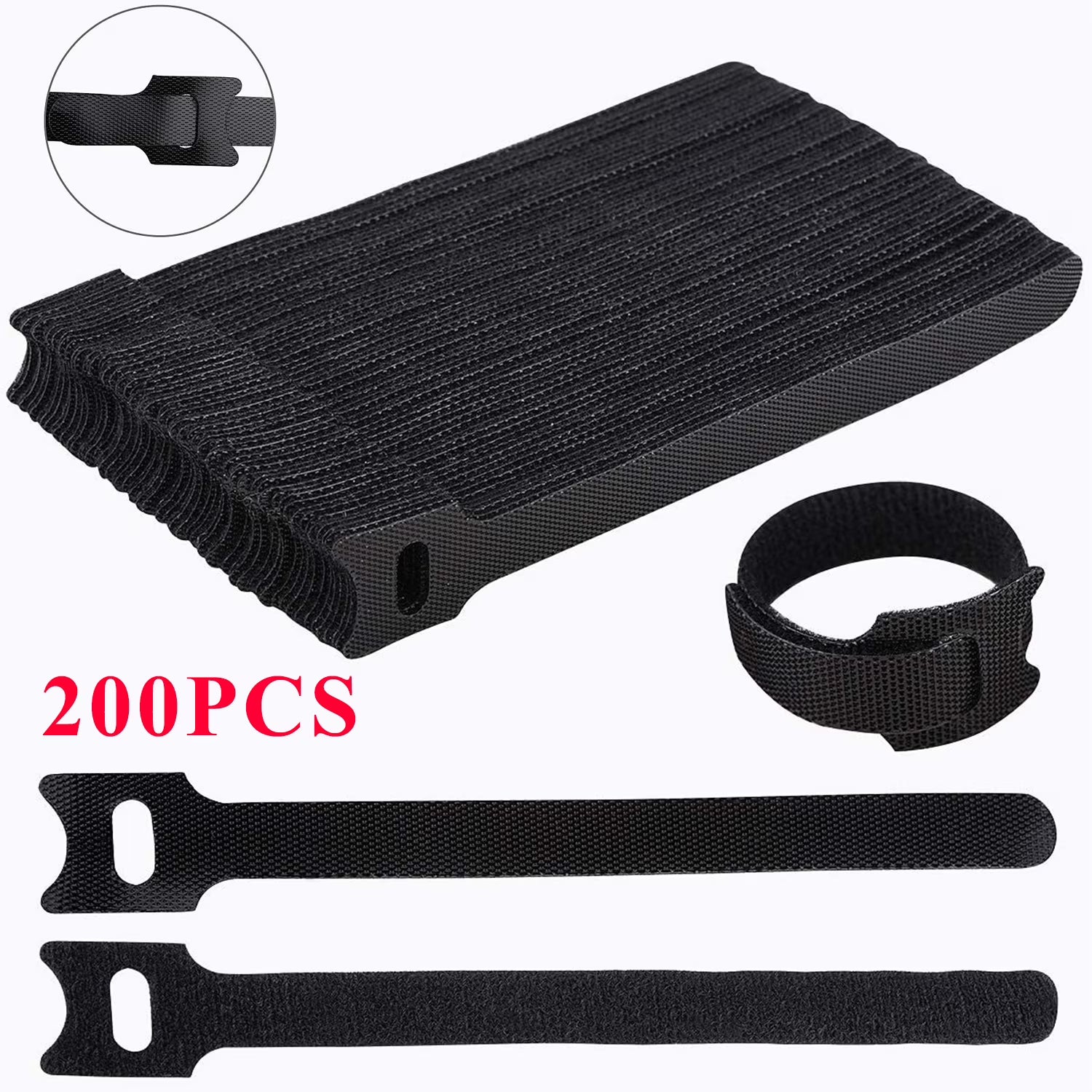 200PCS Cable Straps, Velcro Cord Hook Loop Ties, Reusable Fastening Organizer for Office Home Wire Organize (Black)