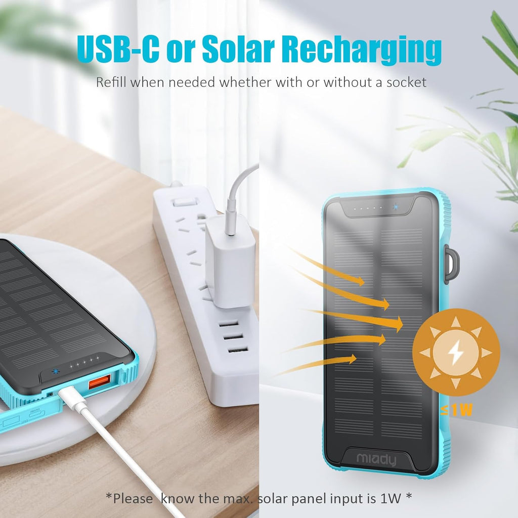 Miady 20000mAh Wireless Solar Power Bank USB-C 20W Fast Charging Waterproof T579761