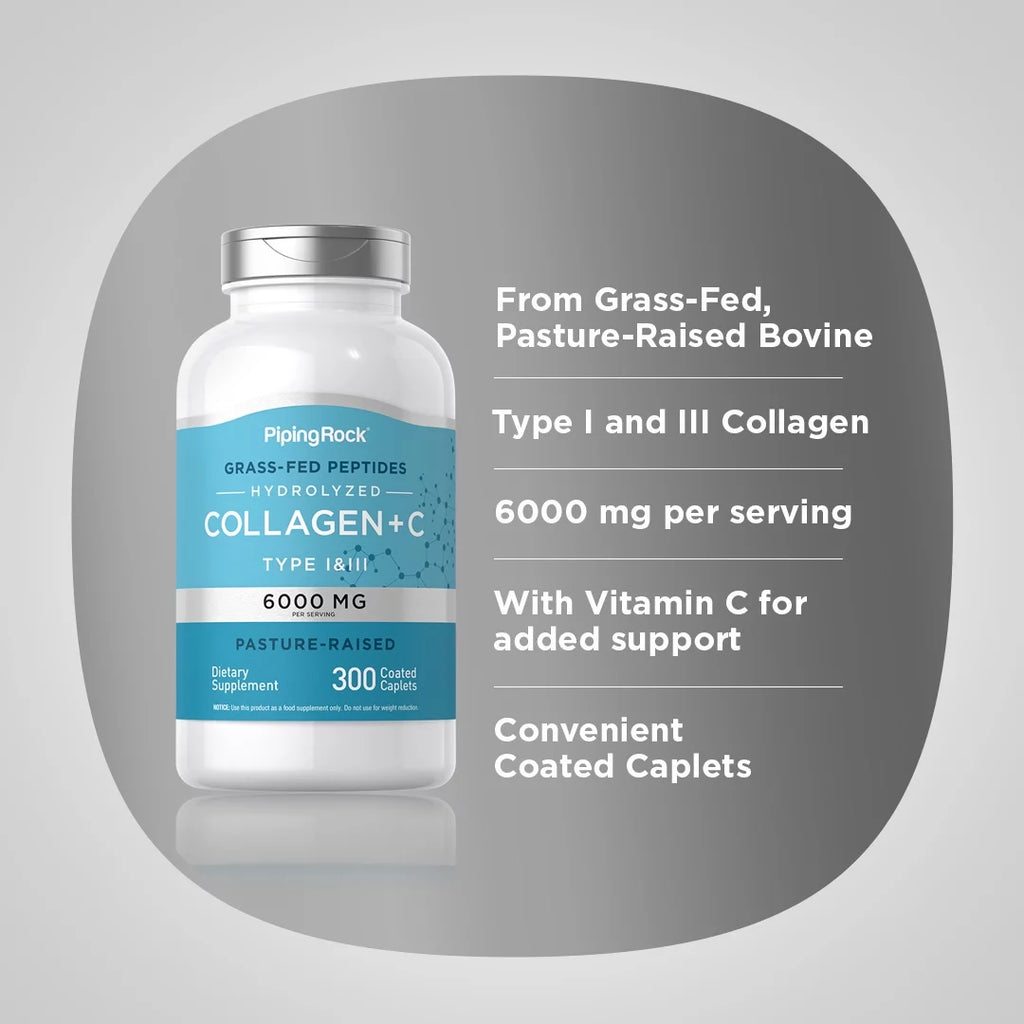 Piping Rock Collagen Pills 6000mg, 300 Caplets, Hydrolyzed Peptide Supplement R59298