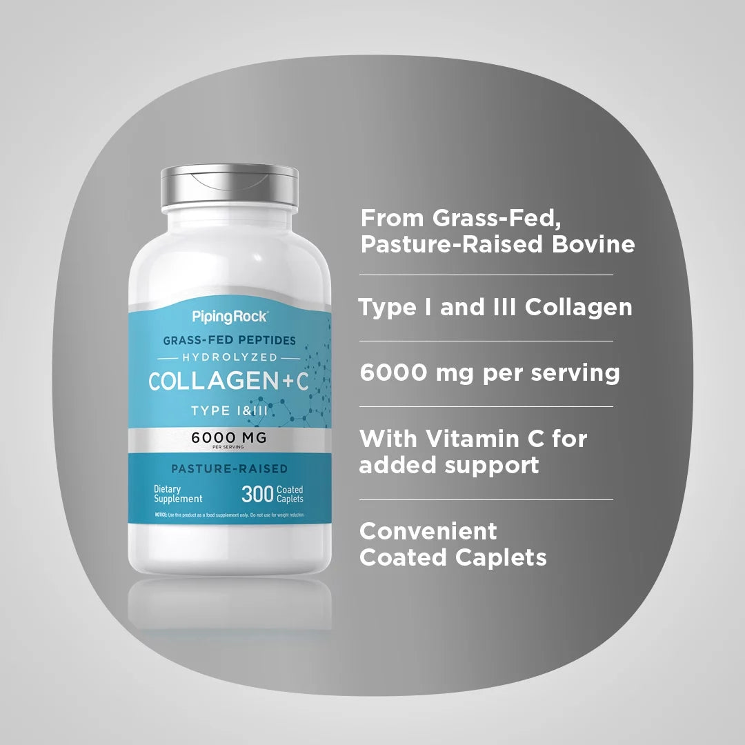 Piping Rock Collagen Pills 6000mg, 300 Caplets, Hydrolyzed Peptide Supplement R59298
