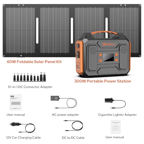 Portable Solar Generator 300W Power Station with 60W Solar Panel, 280Wh Lithium Battery, Orange V705728