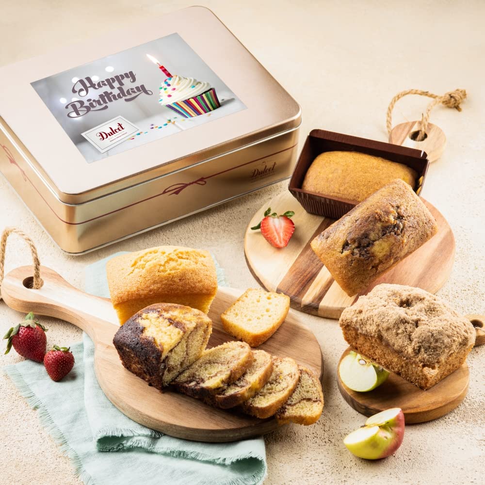 Dulcet Gift Baskets Birthday Tea Loaf Assortment with Fresh Baked Marble, Apple cinnamon & Pumpkin Cake Balloons & Candles Top Birthday Gift for Mom, Dad, Him, Her, College Student, Teens, Friends,