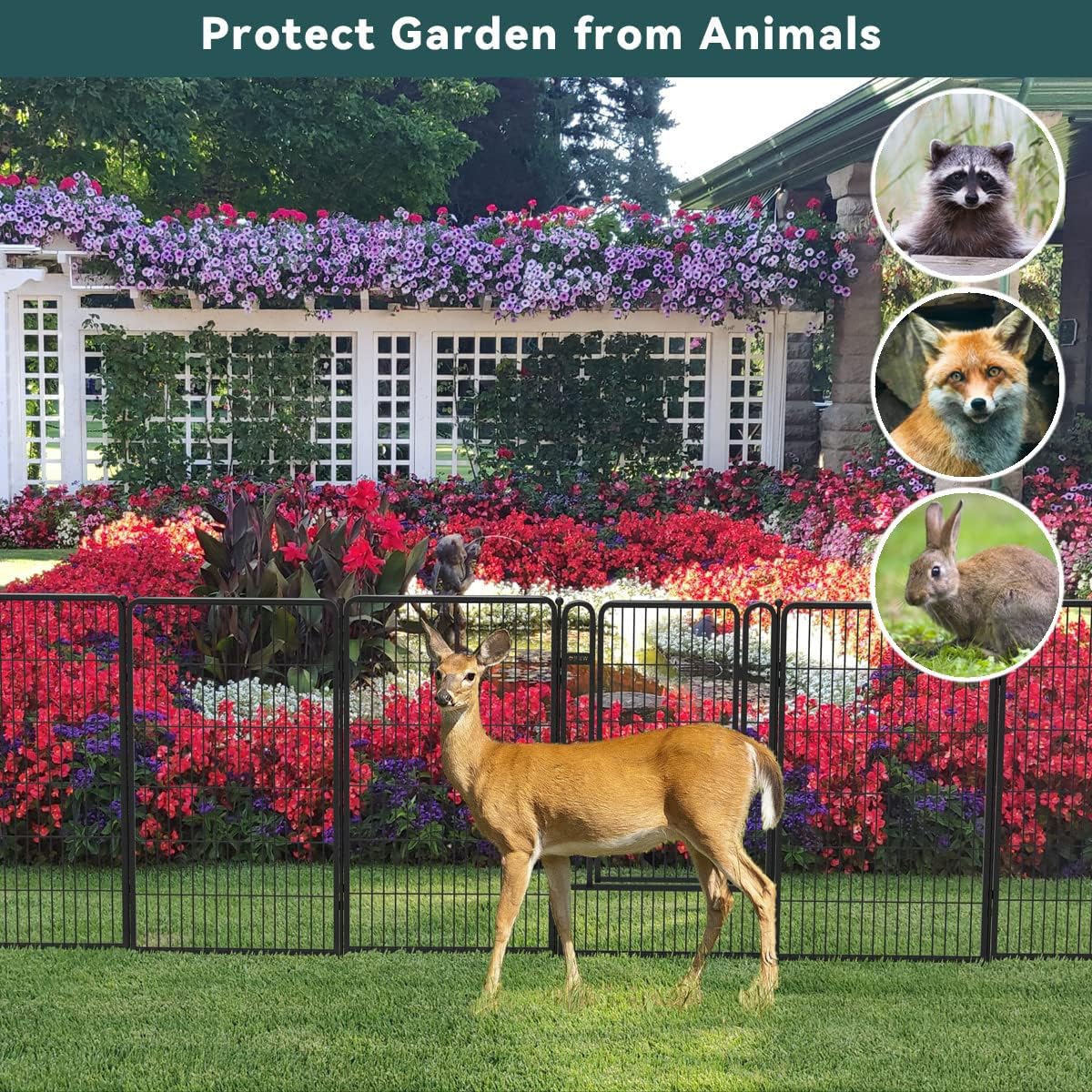 FXW Decorative Garden Metal Fence Barrier, 7 Panels with Gate, Black E139044