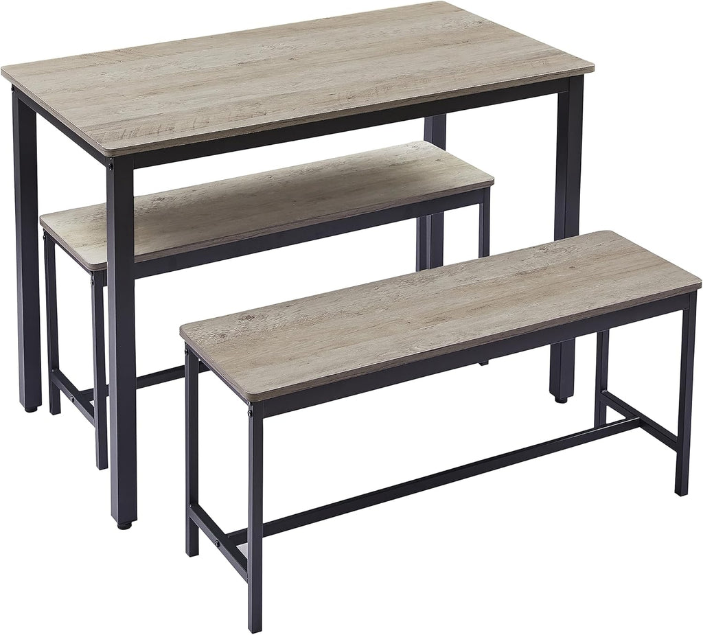 43.3 inches, 3-Piece Dining Furniture Set, Kitchen Small Dining Area with 2 Benches and Dining Table, Space Saving for 4 People, Gray and Black