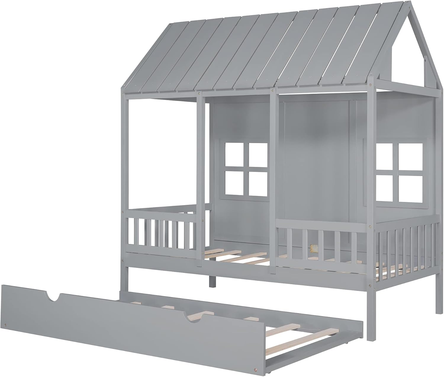 Twin Size House Bed with Trundle and Guardrails, Gray J325
