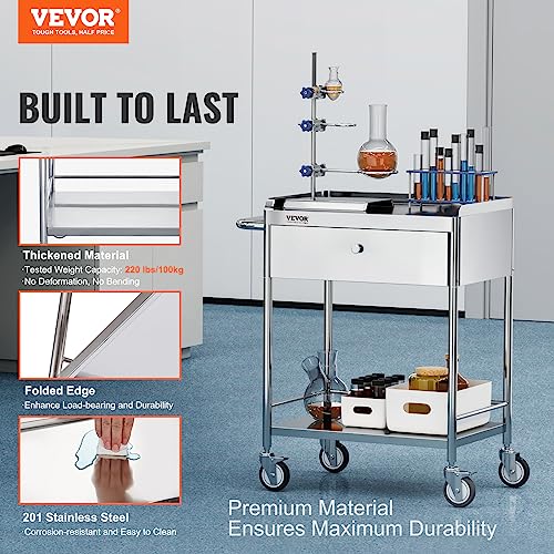 VEVOR Stainless Steel Utility Cart with Wheels, 2 Shelves 1 Drawer L420