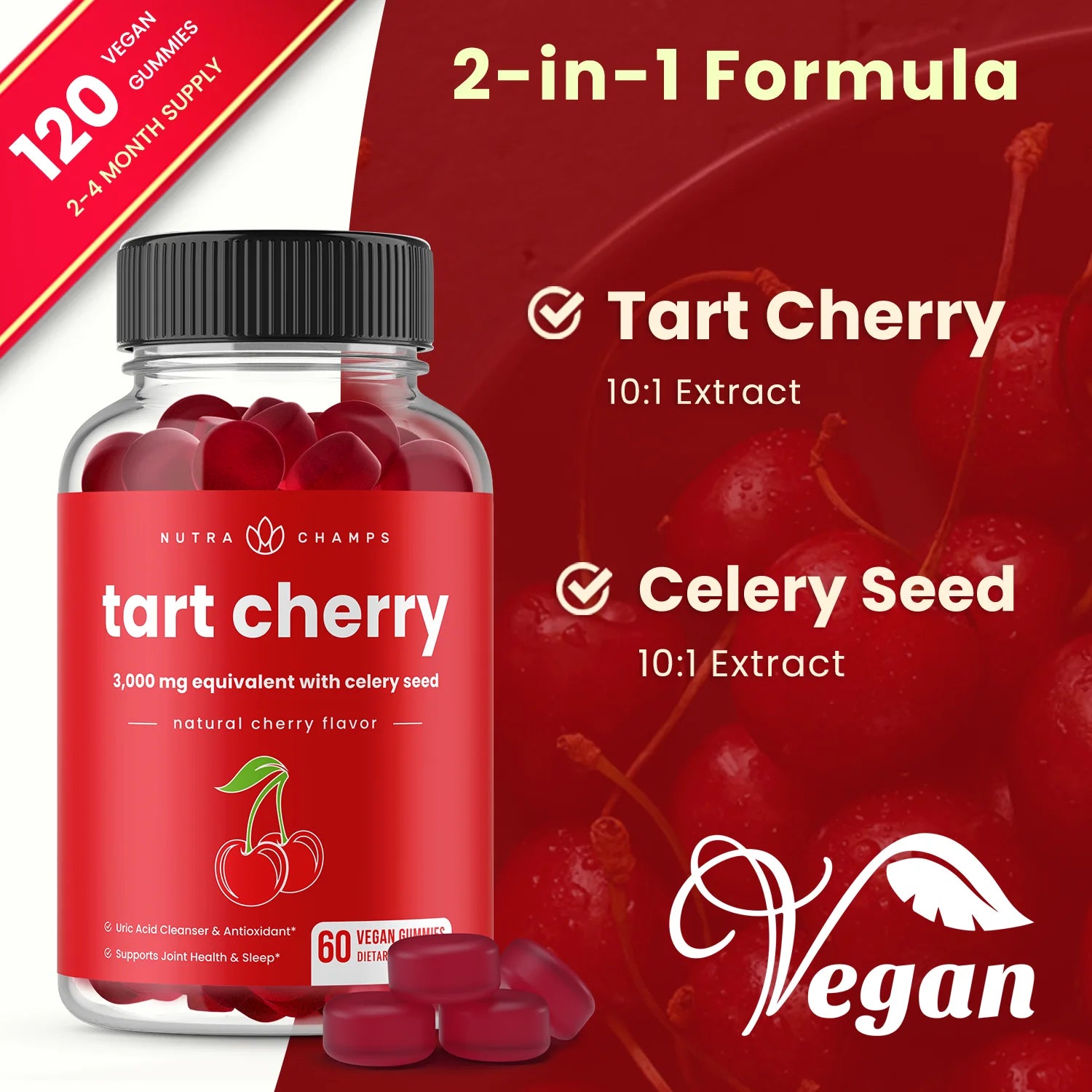 NutraChamps Tart Cherry Gummies 3000mg with Celery Seed Extract, 120 Count T314