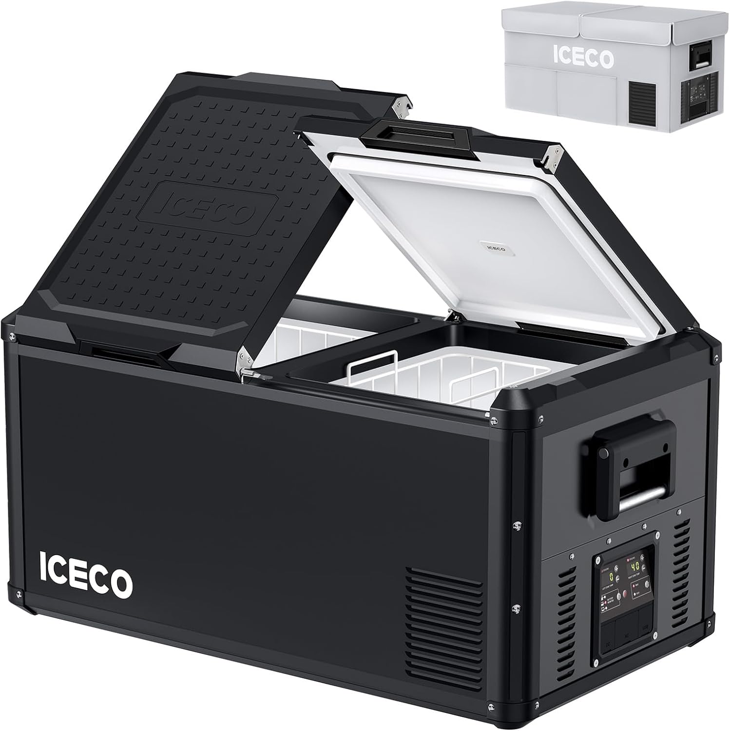 ICECO VL75 Pro 79.2 Quarts Dual Zone Portable Refrigerator with SECOP Compressor, Multi-directional Lid, Dual USB & DC 12/24V, AC 110-240V | Compact Refrigerator | For Car&Home | With Cover