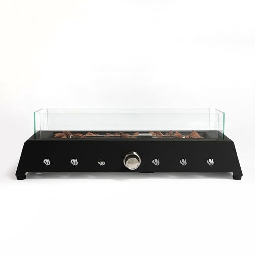 28" Tabletop Fire Pit, Outdoor Propane Gas with Glass Wind Guard & Lava Rock T1479