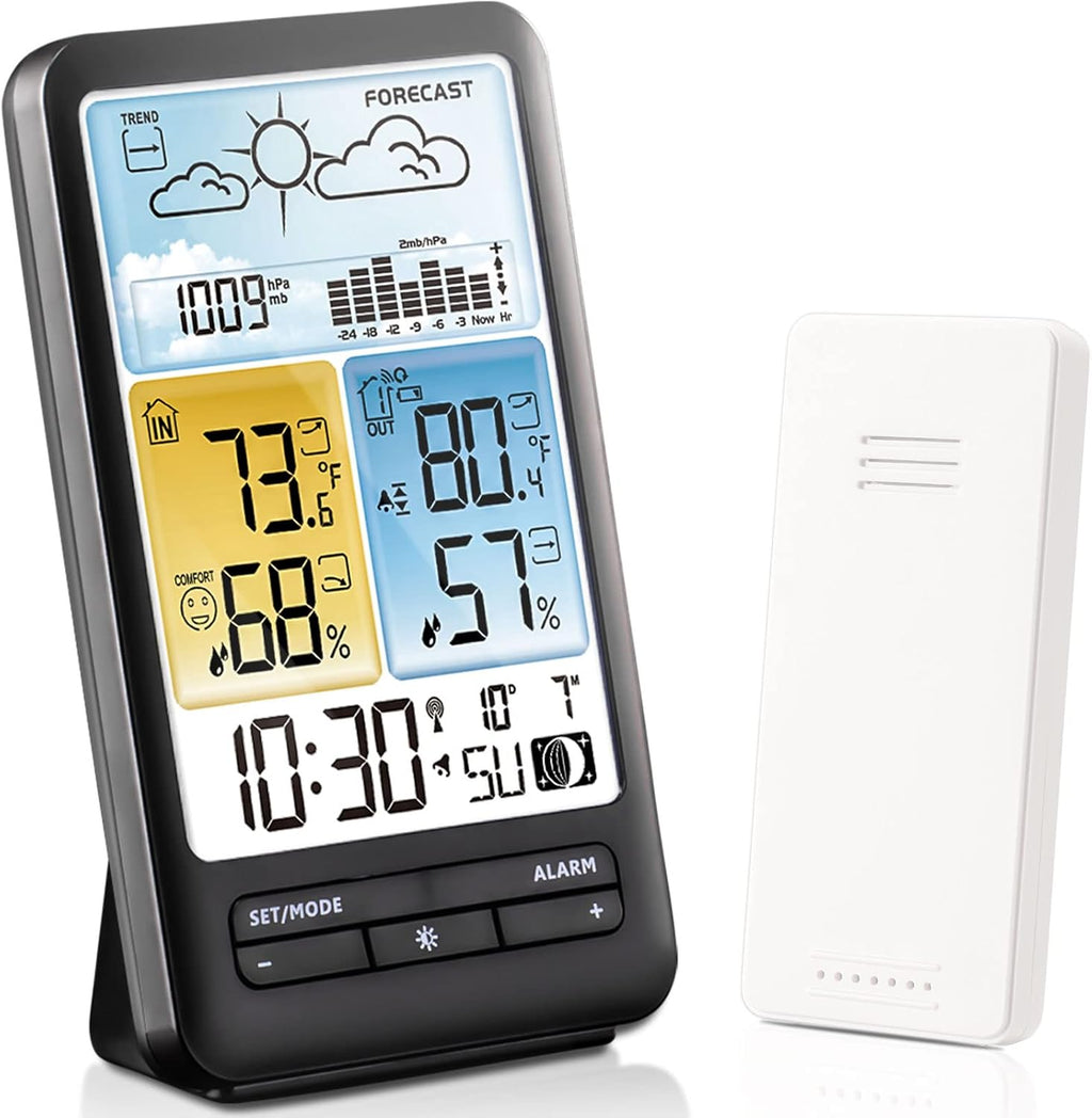 Weather Stations Indoor Outdoor Thermometer Wireless Color Display Temperature Humidity Monitor with Atomic Clock and Adjustable Backlight, Weather Thermometers with Barometer and Moon Phase