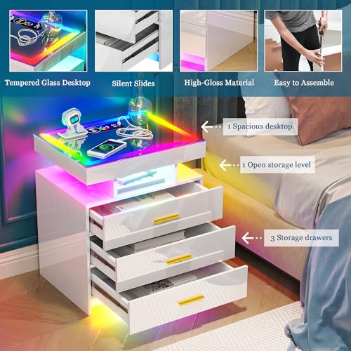 HNEBC LED Nightstand with Wireless Charging Station, 3 Drawers, Black S73582