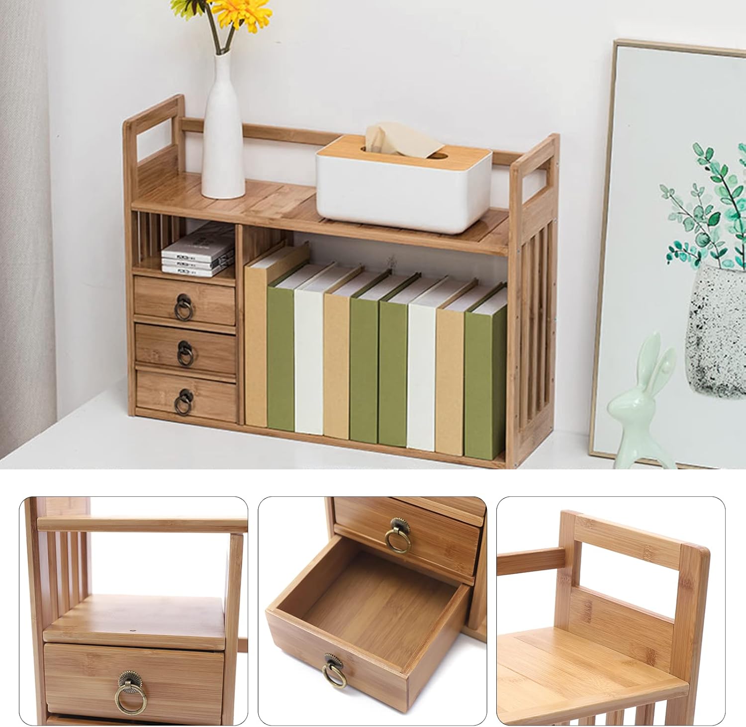 Bamboo Desk Shelf Organizer with 3 Drawers, Natural V13178