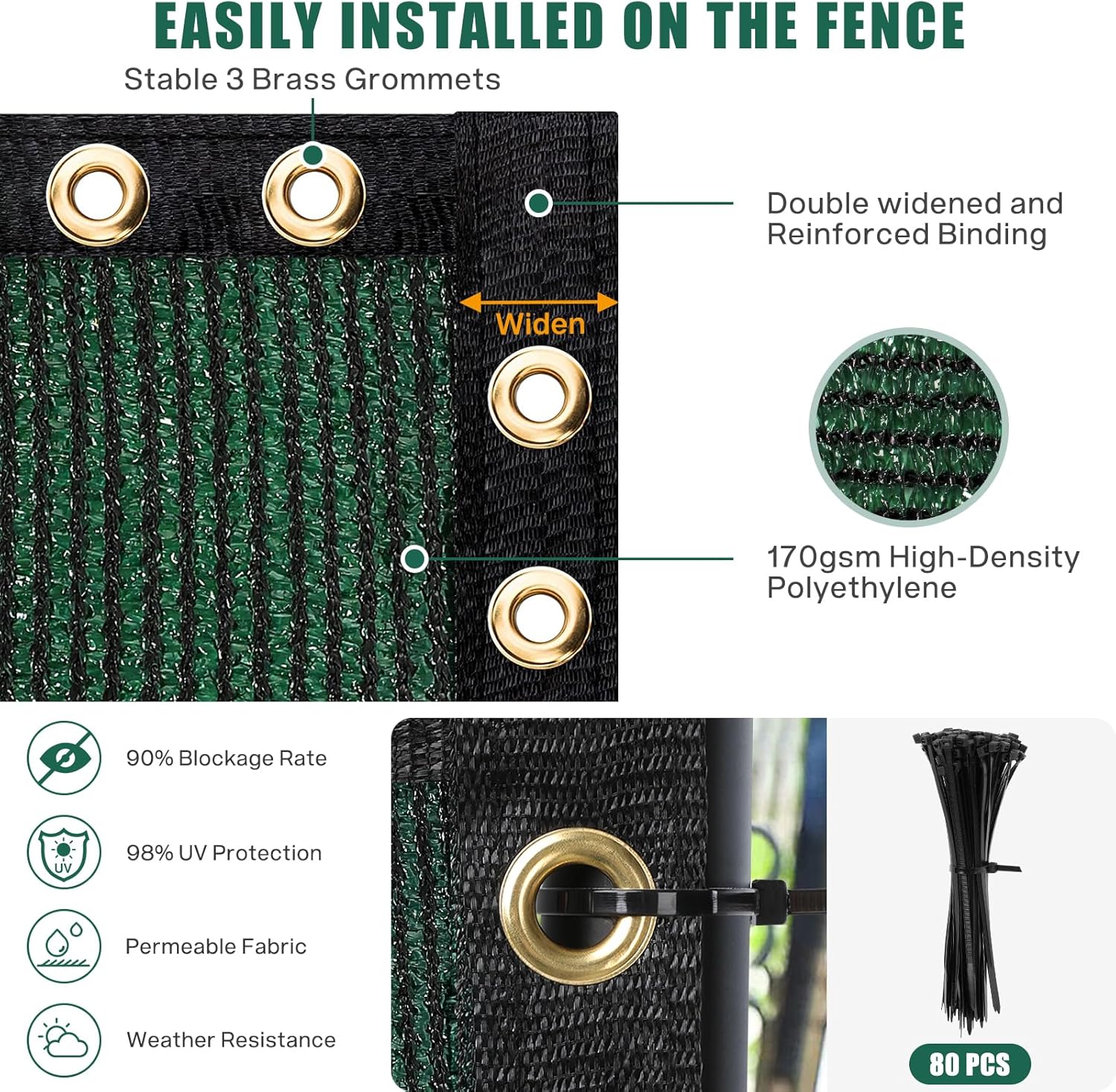 UIRWAY Privacy Fence Screen 6' x 50' Heavy Duty Mesh with Brass Grommets, Green F64108