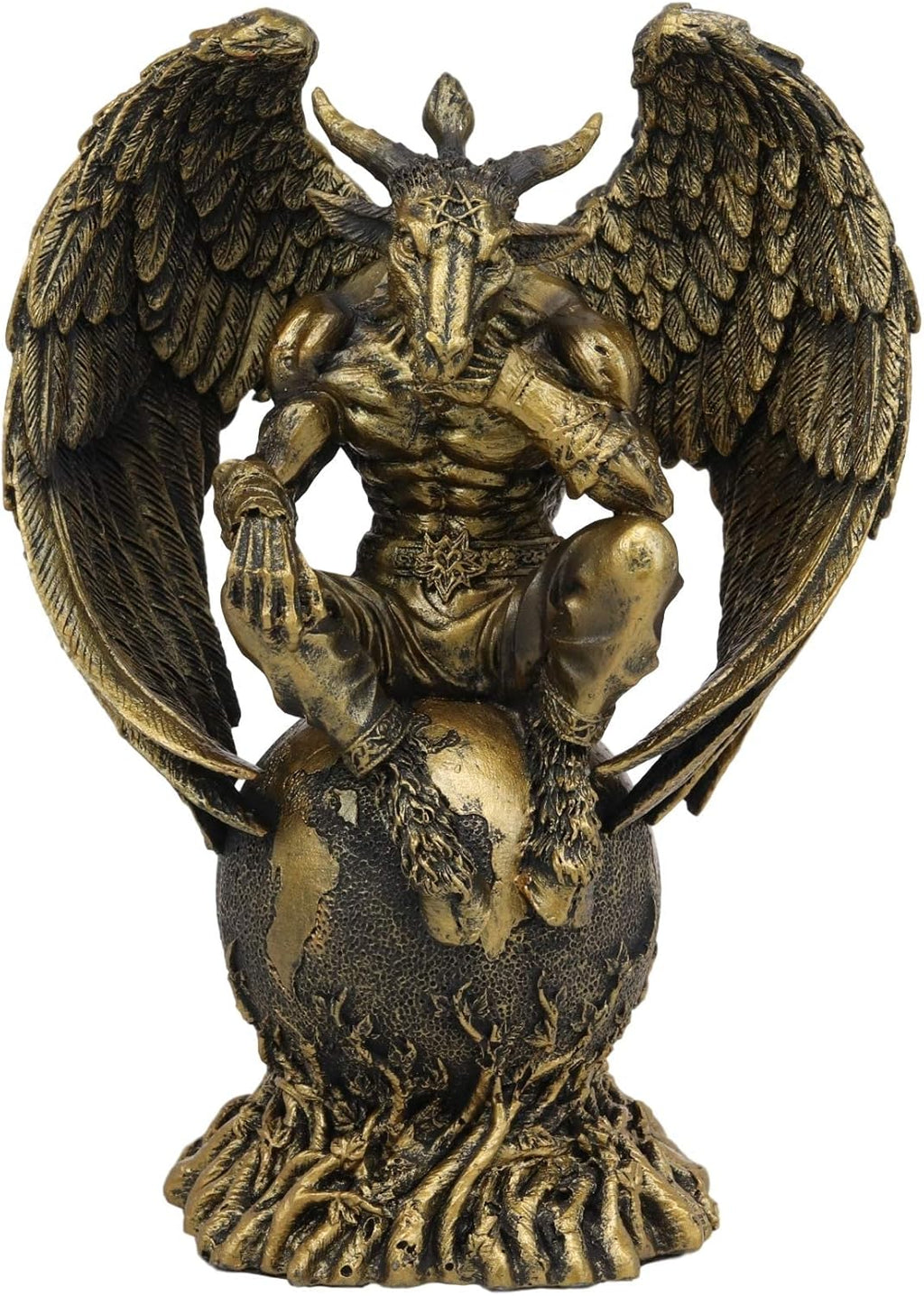 Ebros Gift Sabbatic Goat The Thinker Baphomet Sitting On The Globe Statue 7.75" Tall Baphometh with Pentagram Star Idol Altar Figurine Golden Calf Goat of Mendes Decorative Sculpture