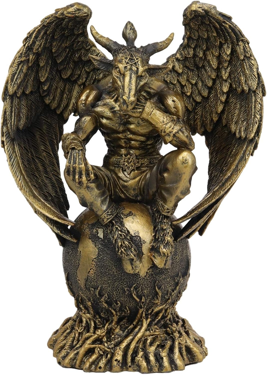 Ebros Gift Sabbatic Goat The Thinker Baphomet Sitting On The Globe Statue 7.75" Tall Baphometh with Pentagram Star Idol Altar Figurine Golden Calf Goat of Mendes Decorative Sculpture