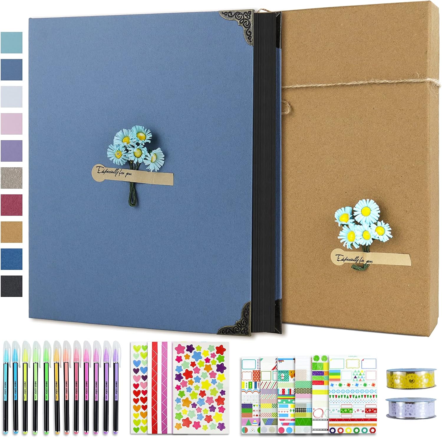Vienrose DIY Scrapbook Photo Album Kit with Pens Tapes and Stickers 60 Pages Hardcover 8.5x11 Inches 3 Rings Removable Black Paper Scrapbooking for Lover Friends Kids Wedding Skyblue