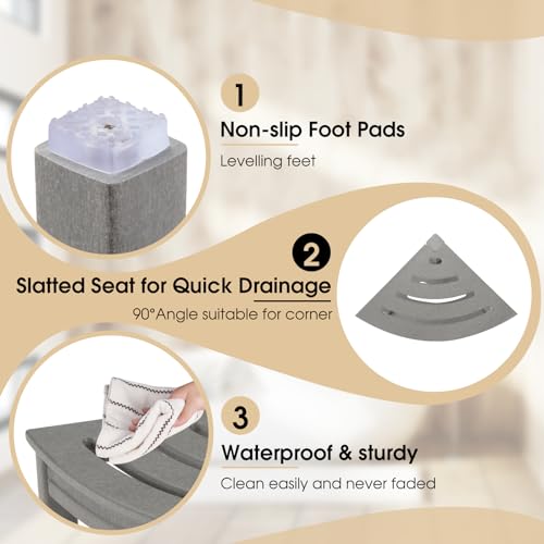 HDPE Corner Shower Stool with Storage Shelf for Bathroom (White) Y87385