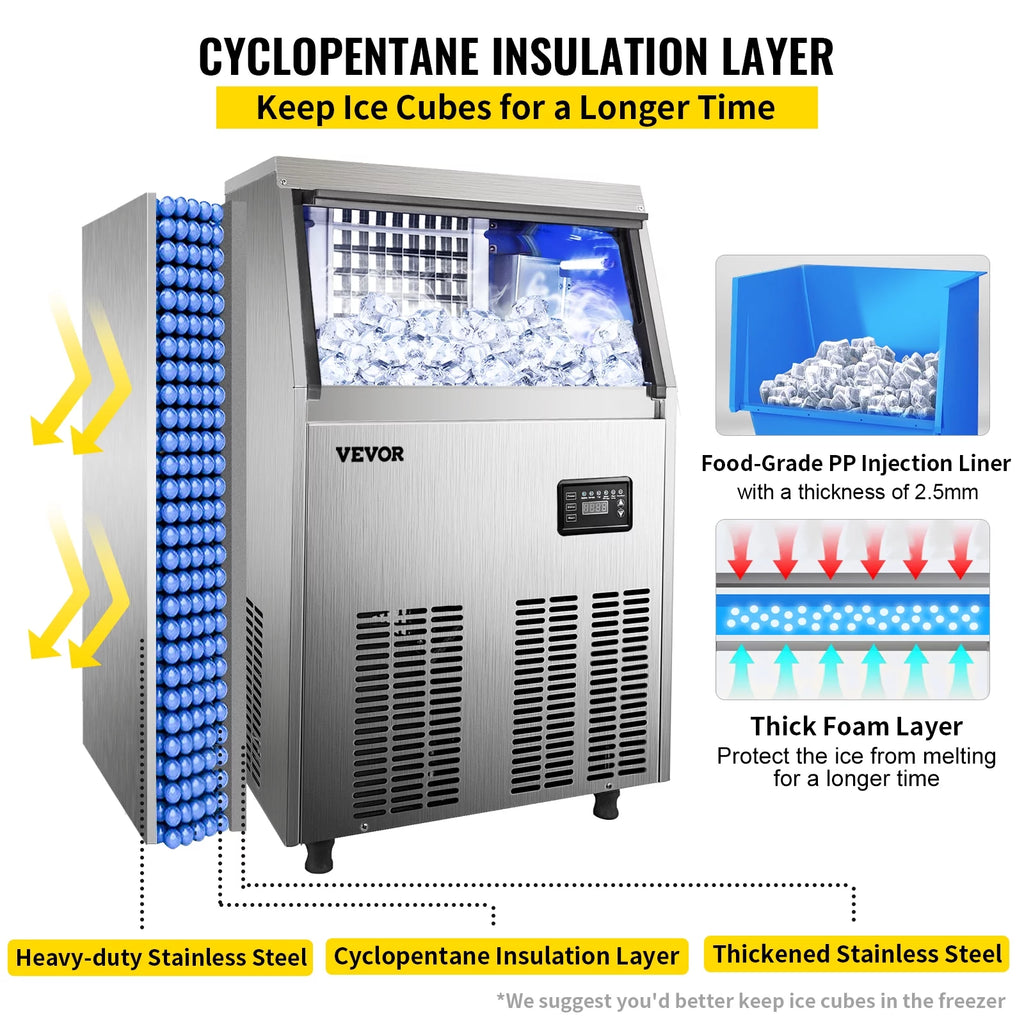 VEVORbrand Commercial Ice Maker 110-120lbs/24H with Drain Pump, Stainless Steel Y171263
