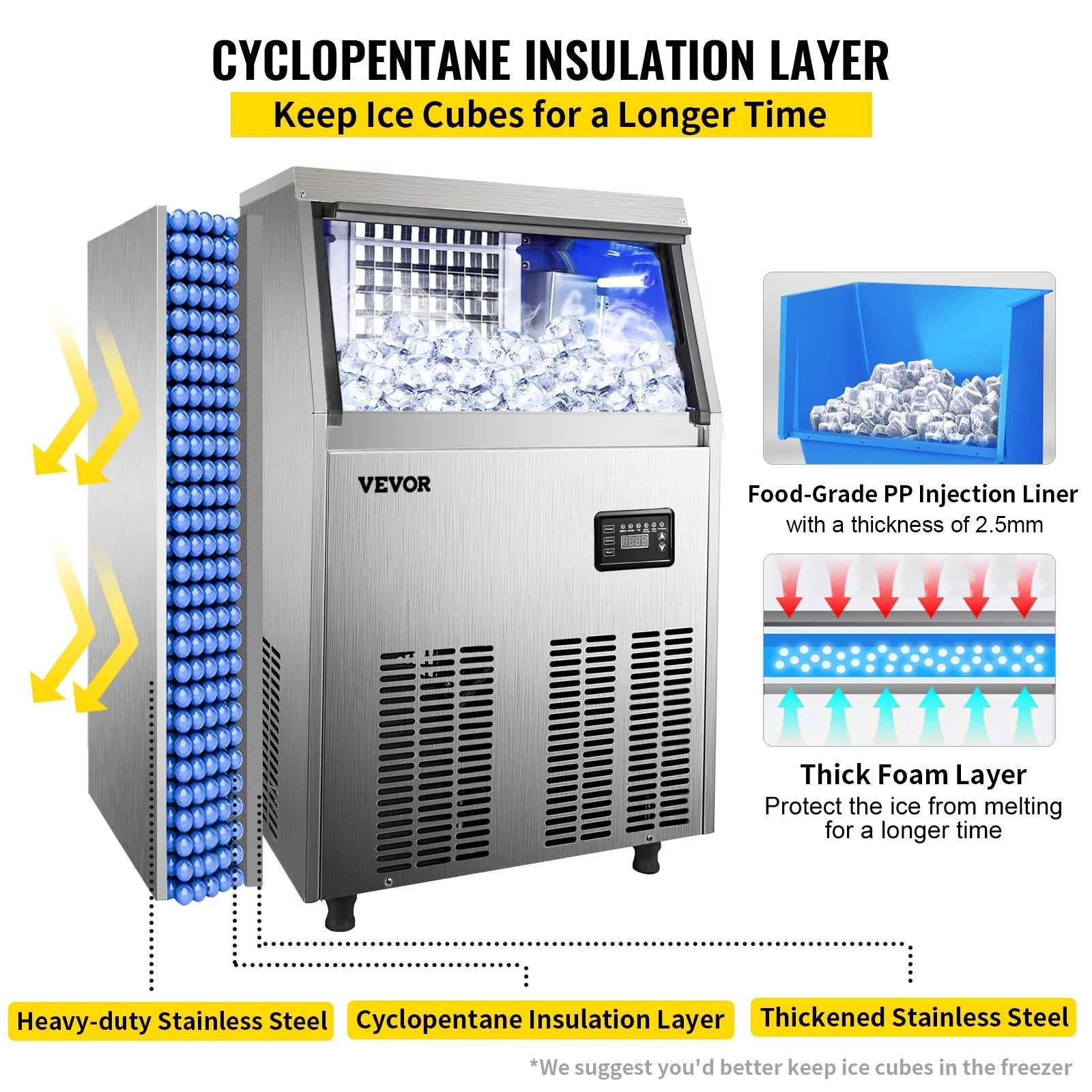 VEVORbrand Commercial Ice Maker 110-120lbs/24H with Drain Pump, Stainless Steel Y171263