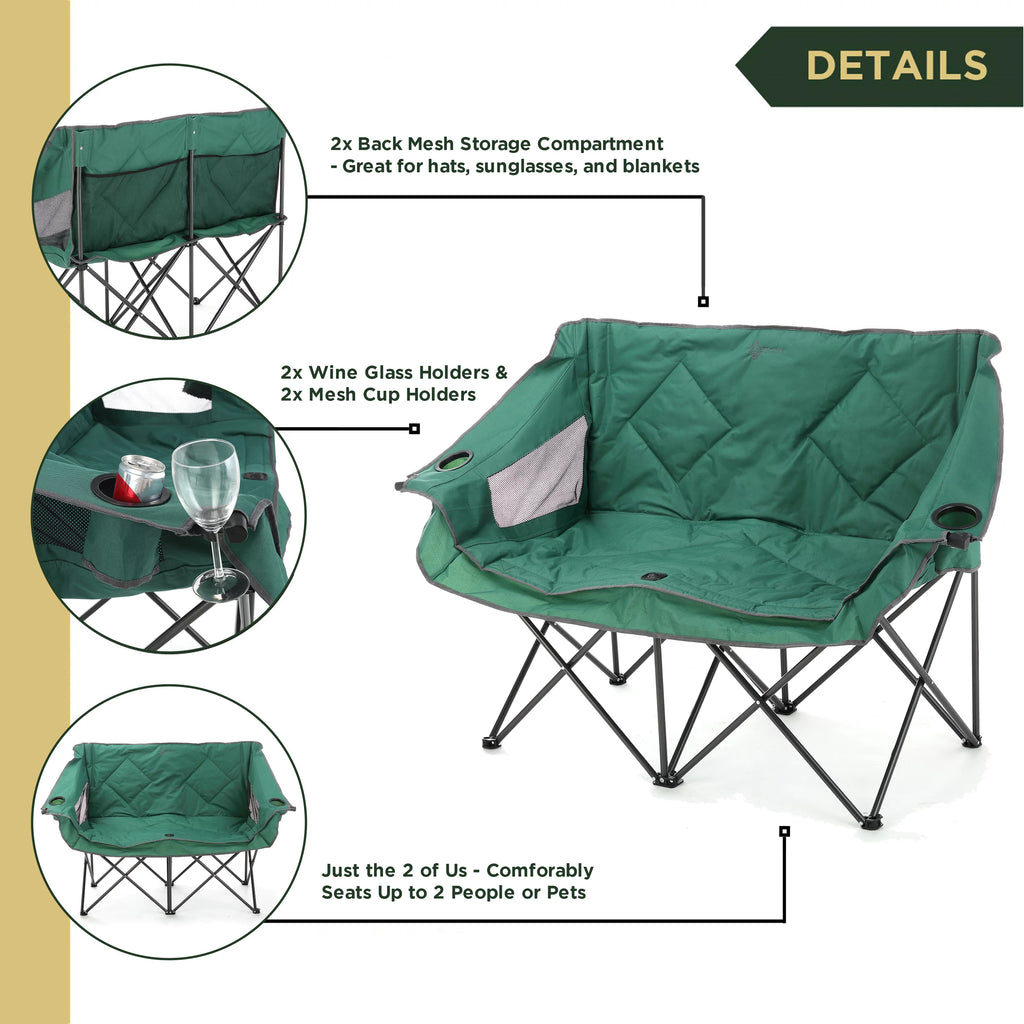 ARROWHEAD OUTDOOR Portable Folding Double Camping Chair with Cup Holders, Padded Seats, Carrying Bag, 500lbs Capacity (Green) N8854