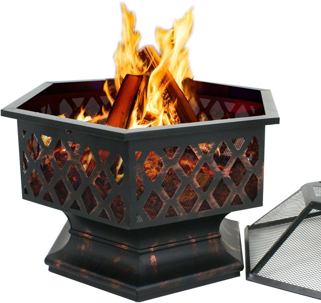 ZENY 24" Outdoor Fire Pit Wood Burning Steel Hex Bowl with Screen I10474