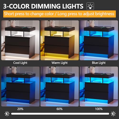 dnbss Nightstand with Wireless Charging Station, LED Lighting & Drawers, Black P995