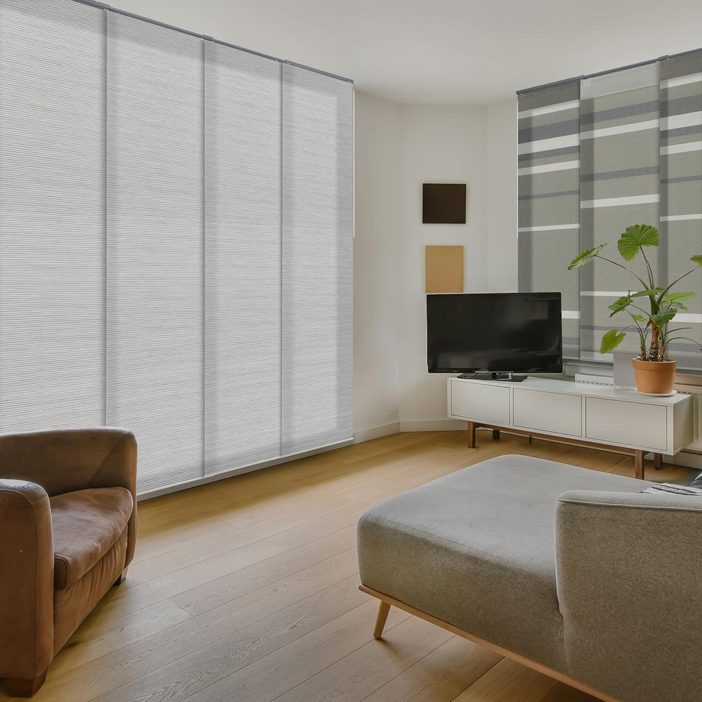 GoDear Design Adjustable Vertical Blinds, Panel Track Blinds, Sliding Glass Door Blinds, Closet Doors, Room Dividers, Extendable Track from 45.8" to 86" W, Trimmable Panel Curtains Up to 96" H, Marble
