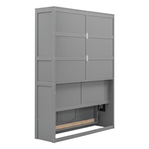 Queen Size Murphy Bed with Shelves, Foldable Wood Wall Bed, White V16042