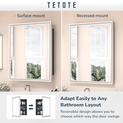 TETOTE 40x30 Inch Silver Framed Bathroom Medicine Cabinet with Mirror Q51273