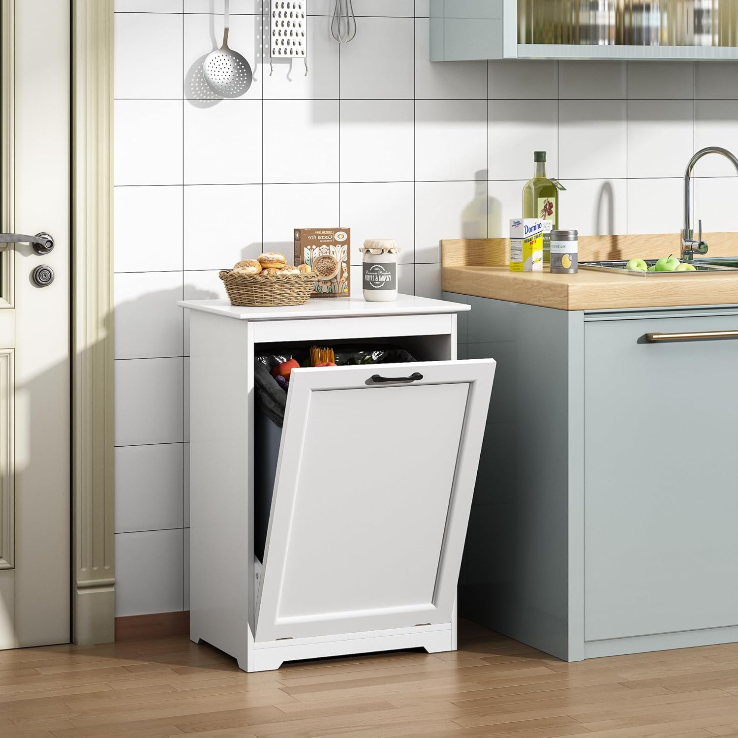 JAXPETY Tilt Out Trash Cabinet Kitchen Trash Can Holder, White R266234