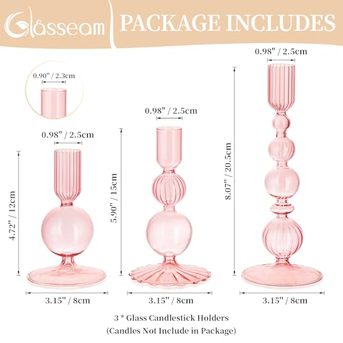 Glasseam Pink Glass Candlestick Holder Set of 3 for Table Centerpiece S2250