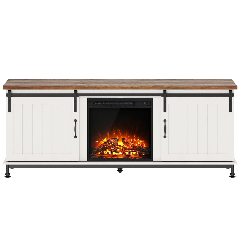 WAMPAT TV Stand with Electric Fireplace for 65 75 Inch TV, Sliding Barn Door, White I8331