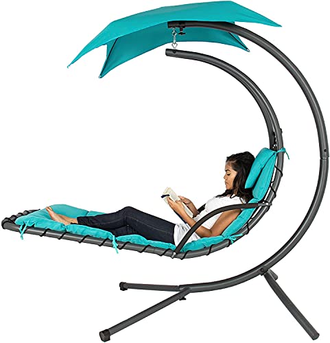 Outdoor Hanging Curved Steel Chaise Lounge Swing with Pillow and Canopy, Teal B7476