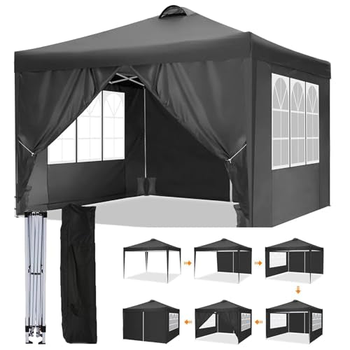 10x10 Pop Up Canopy Tent with 4 Removable Sidewalls, Windows, Waterproof Outdoor Canopy Tents, Commercial Gazebo Canopy Shelter for Parties Events Market, One Person Setup(Black)