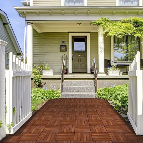 Flybold Interlocking Deck Tiles Teak Wood 12" x 12" Weather Resistant Anti-Slip Patio Pavers Pack of 10 M48059