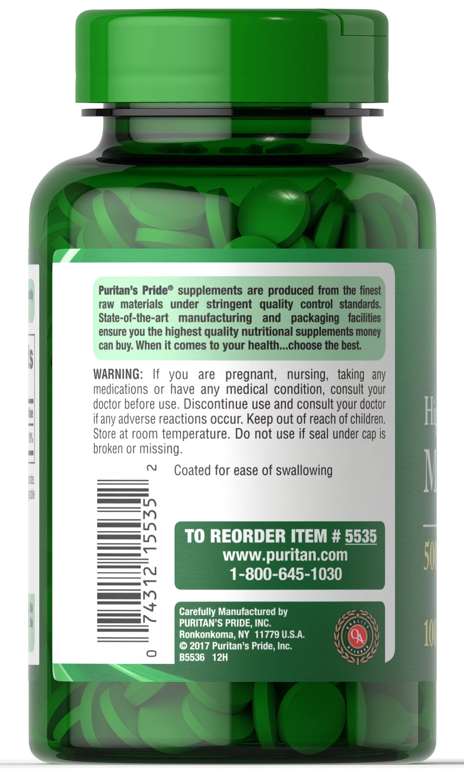 Puritan's Pride Magnesium Tablets, 500mg, 100 Ct Q74524