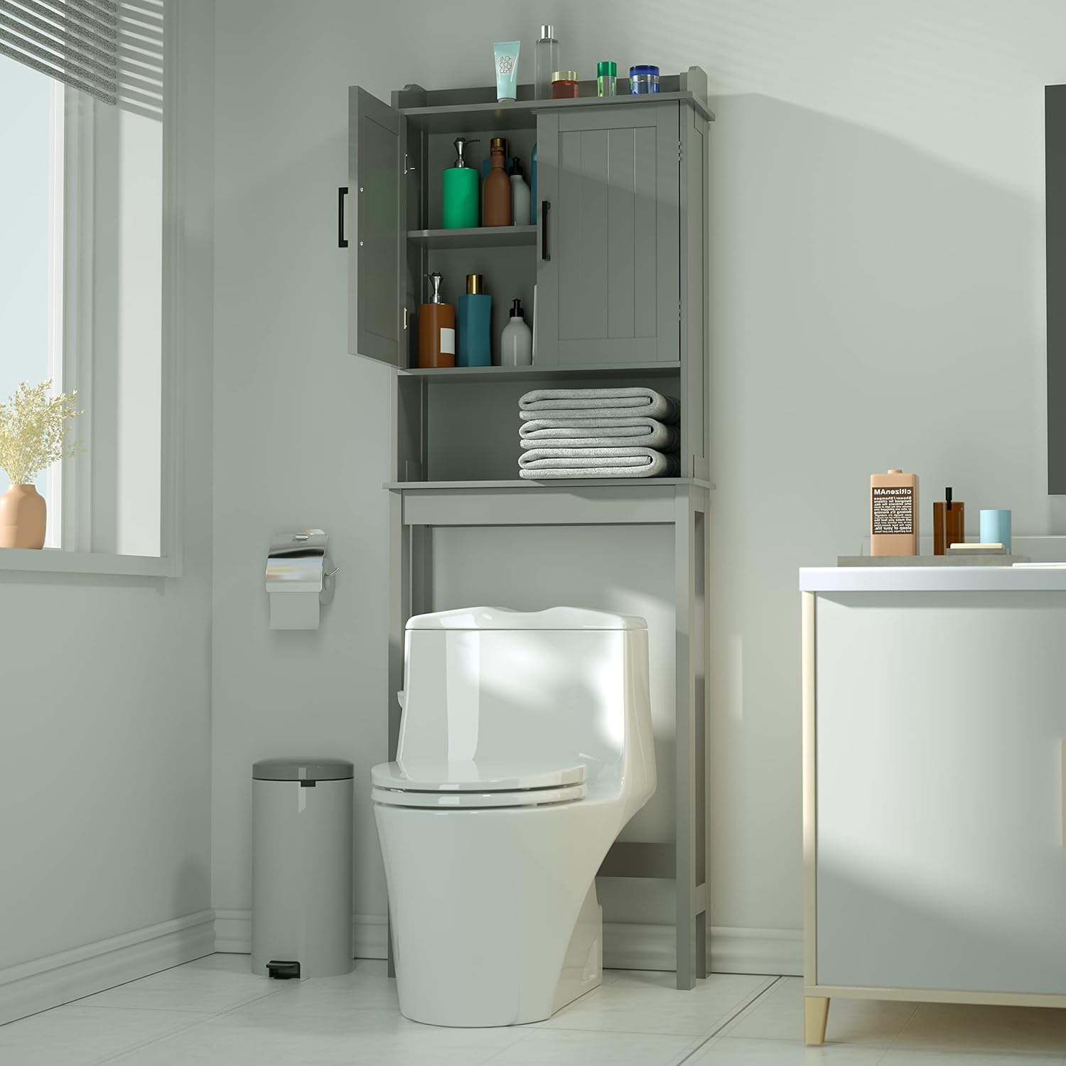 Over The Toilet Storage Bathroom Organizer and Small Freestanding Cabinet W/Adjustable Shelf & Storage Rack, Bathroom Space Saver, Grey