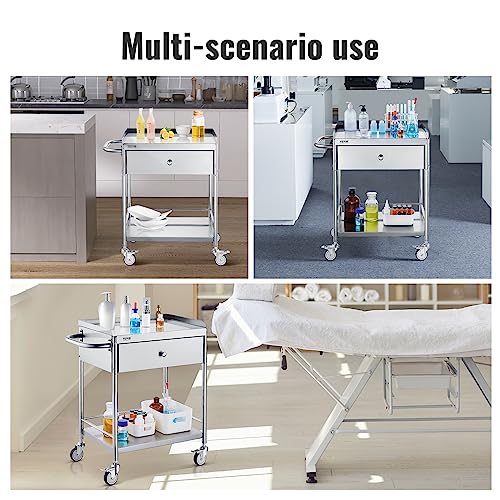 VEVOR Stainless Steel Utility Cart with Wheels, 2 Shelves 1 Drawer L420
