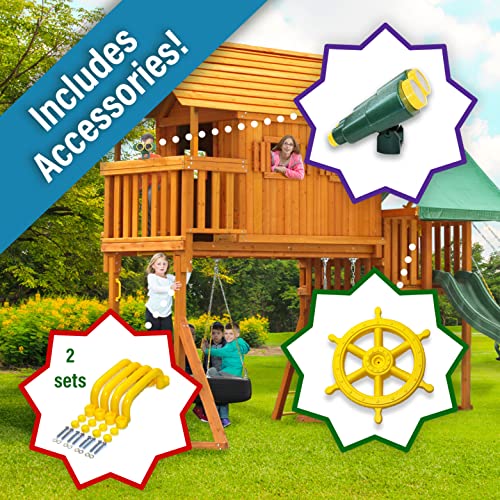Fantasy Tree House Cedar Wood Swing Set with Built-in Clubhouse and Wave Slide K596052