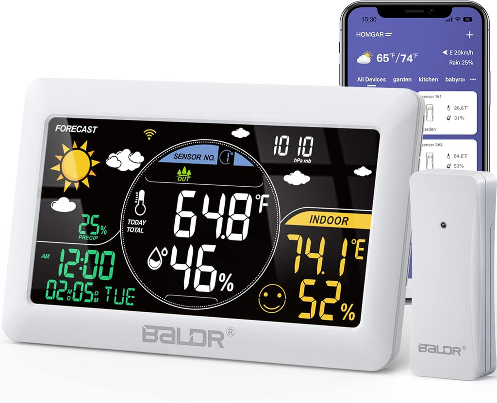 BALDR WiFi Weather Station, Smart Wireless Indoor Outdoor Thermometer with App and Accurate Real-time Forecast (One Wireless Temperature Sensor Include)
