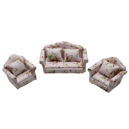 1/12 Mini Wood Dollhouse Sofa Couch Set with Floral Decor W82331