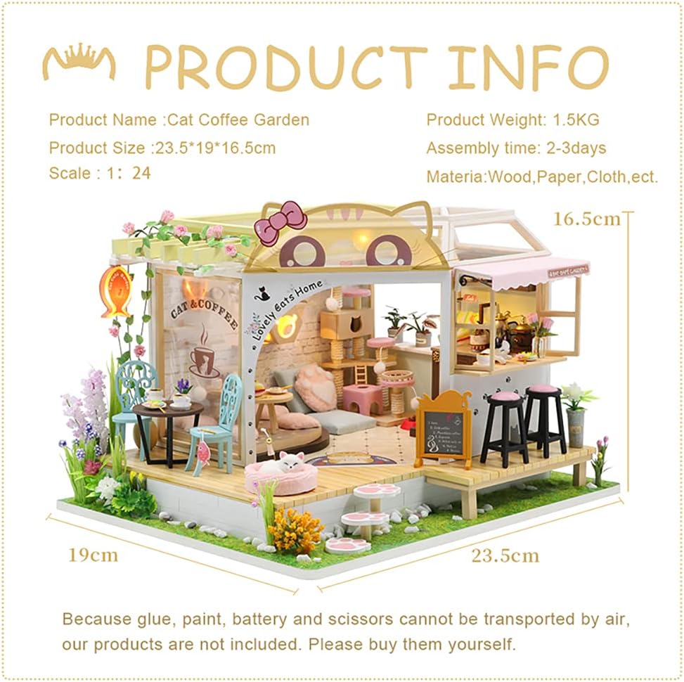 CUTEBEE DIY Wooden Dollhouse Kit with Furniture, Cat Coffee Garden M639761